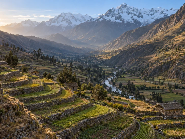 Agricultural terraces descending through a high Andean mountain valley