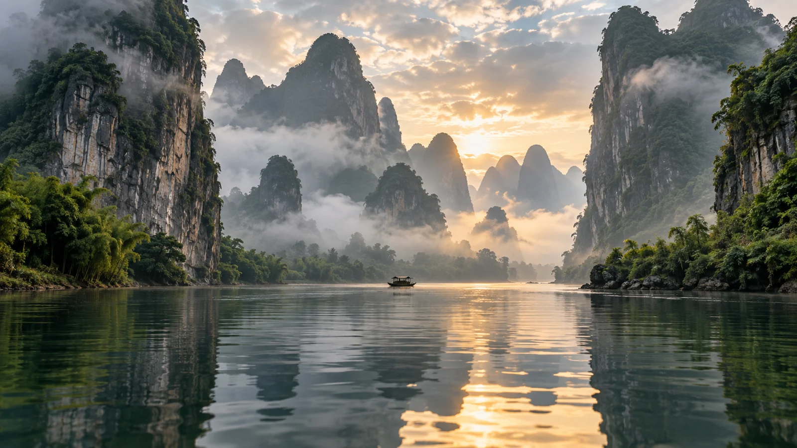 Misty limestone karst towers rising above a reflective river at dawn