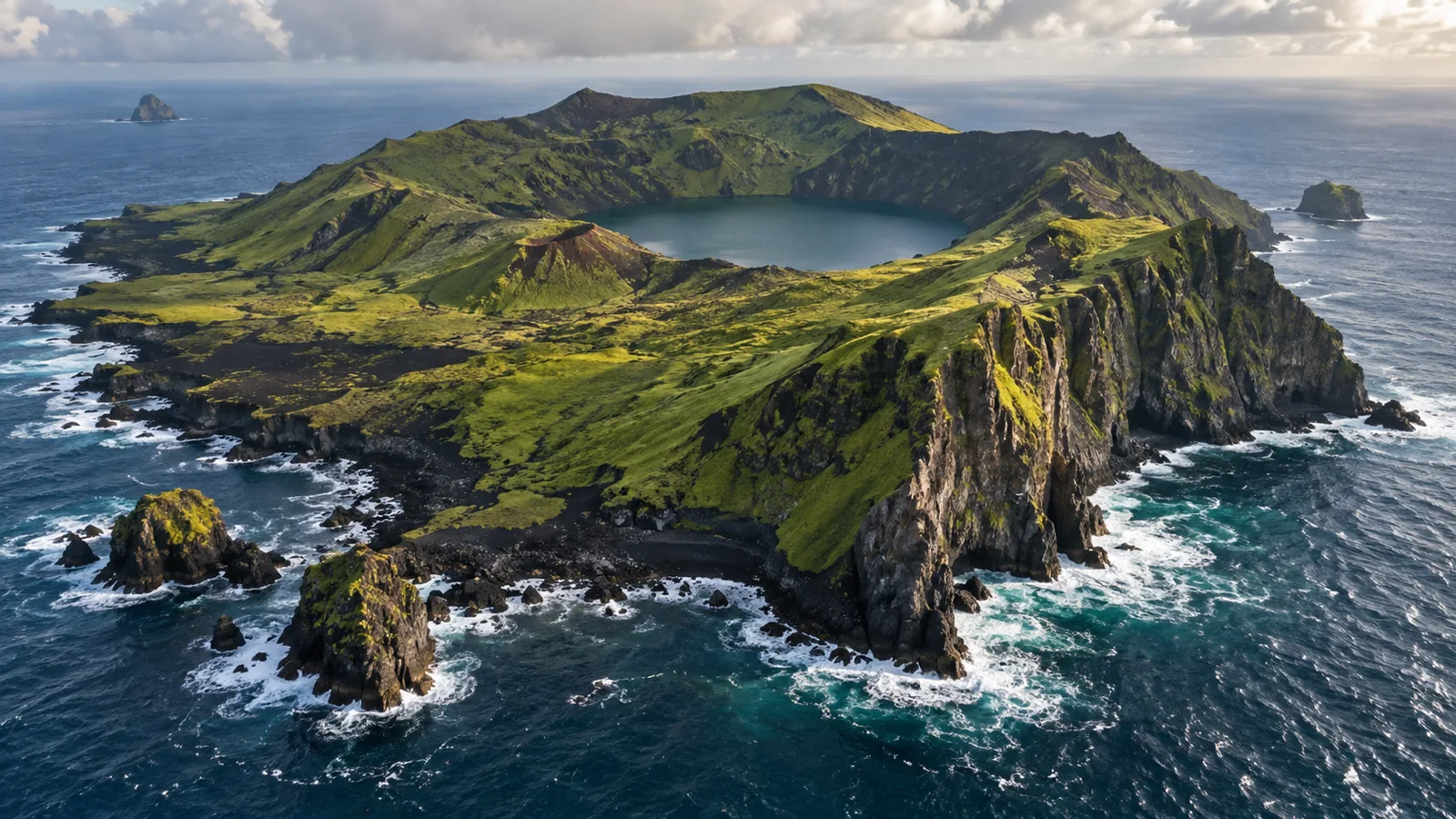 Young volcanic island with a crater lake and moss-covered sea cliffs