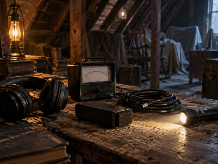 Generic paranormal investigation tools rest on a dusty attic worktable.