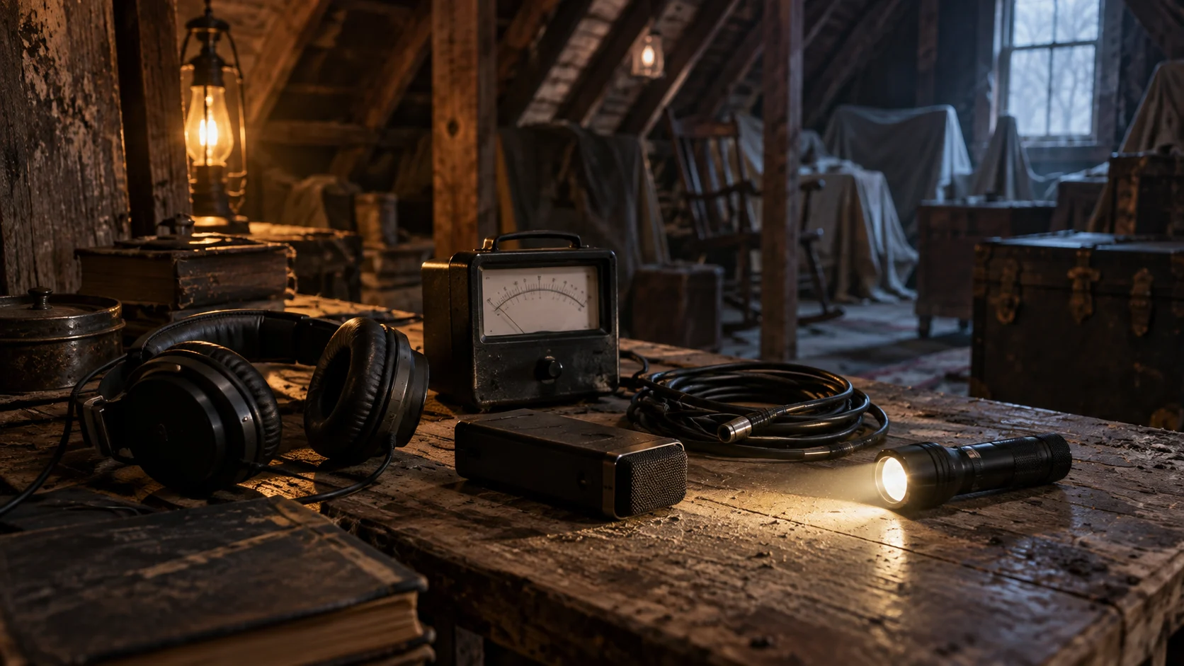 Generic paranormal investigation tools rest on a dusty attic worktable.
