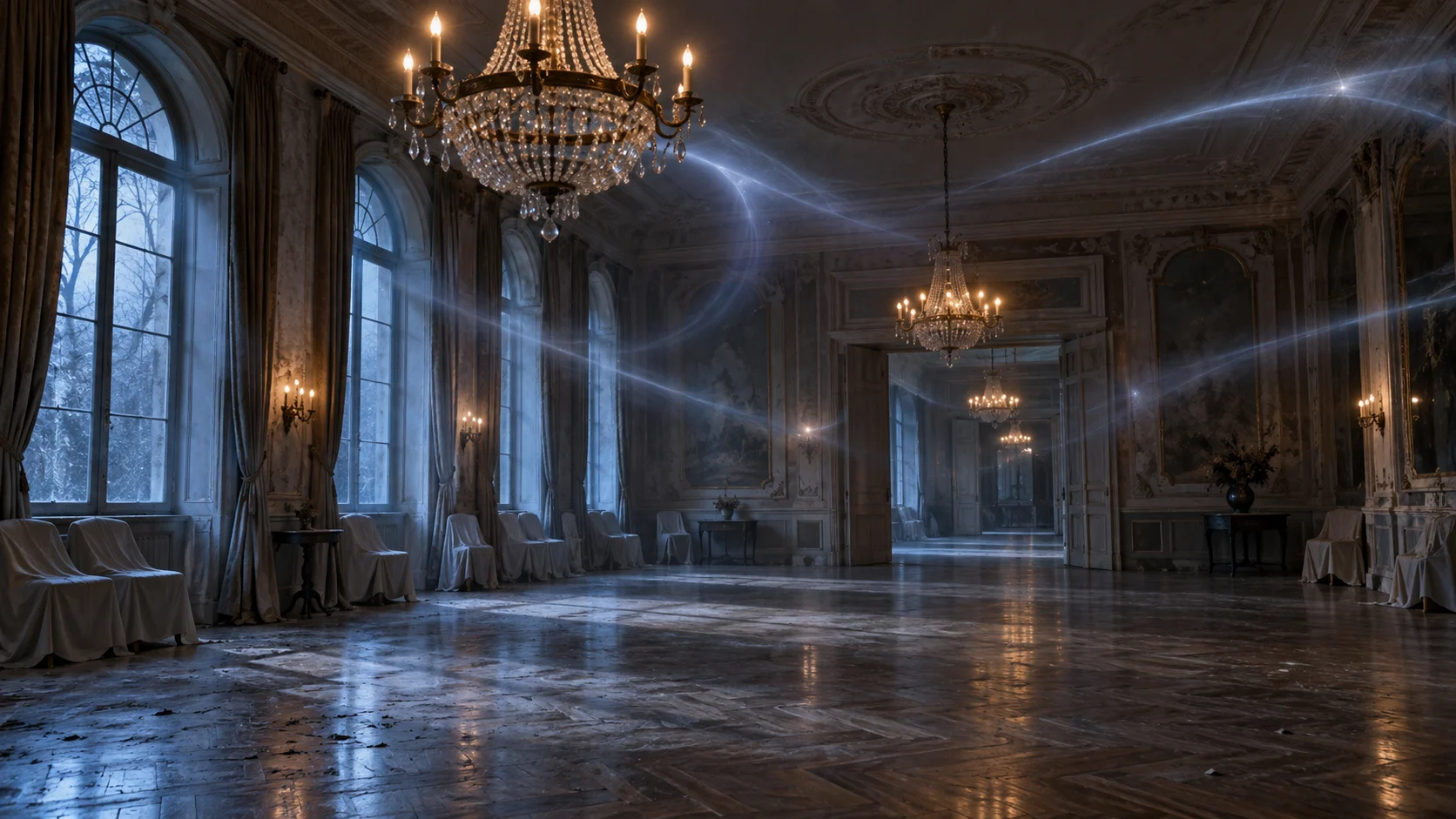 White-blue light trails sweep through an empty faded hotel ballroom.