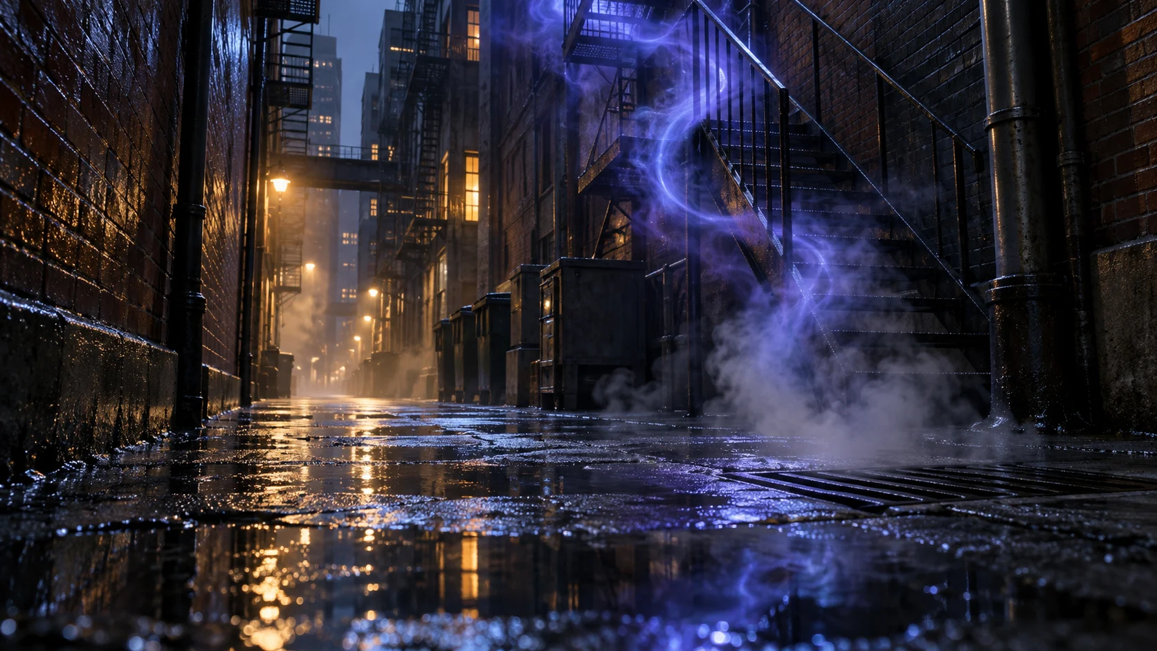 Violet-blue vapor curls around a fire escape in a rain-slicked city alley.