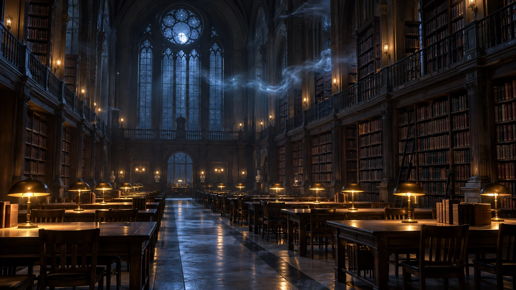 Pale luminous mist drifts through an empty library reading room at night.