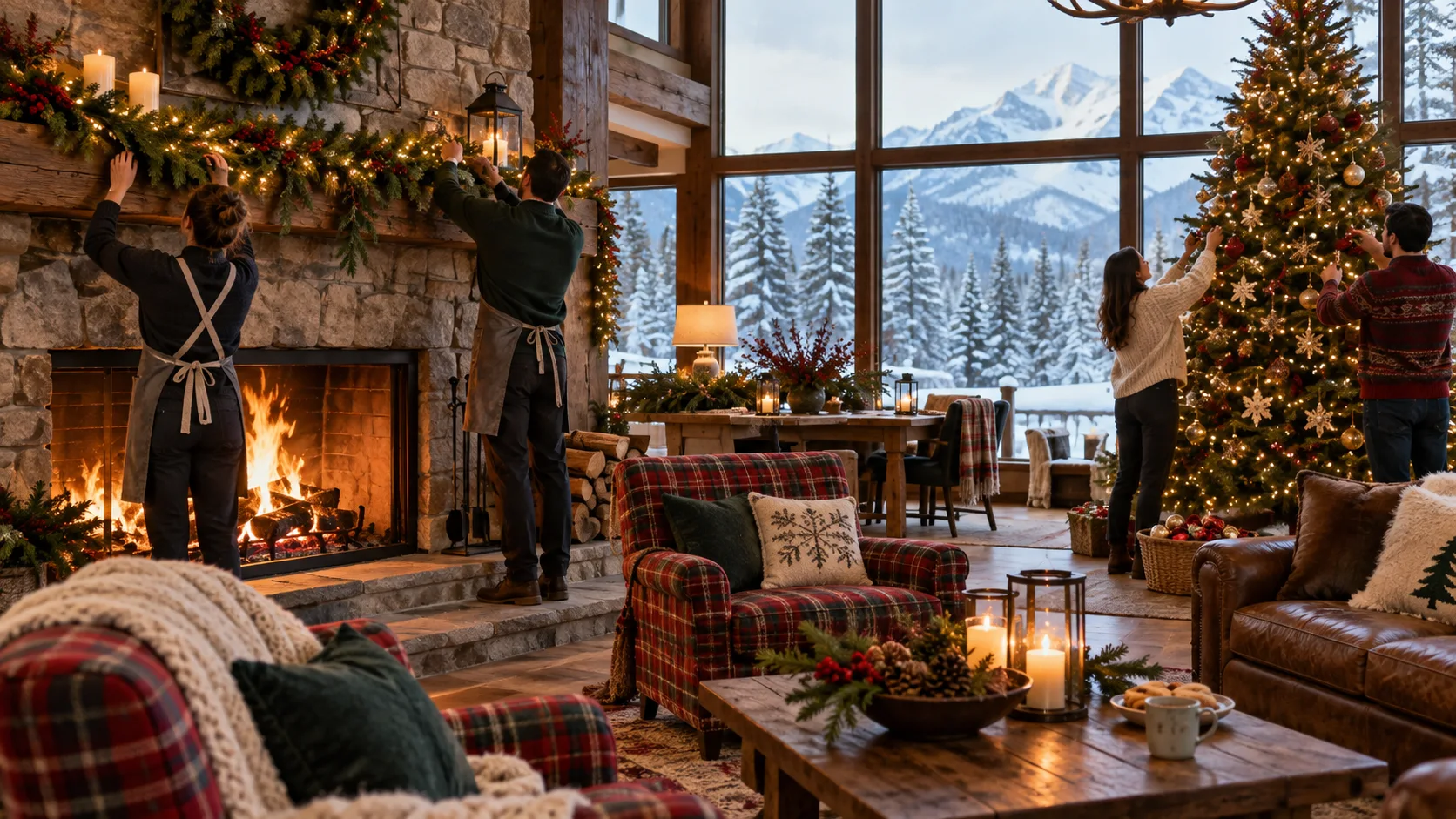 Guests and staff decorating a mountain inn for Christmas