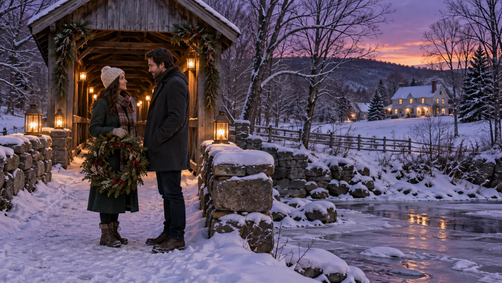 Two people meeting beside a snowy covered bridge at twilight