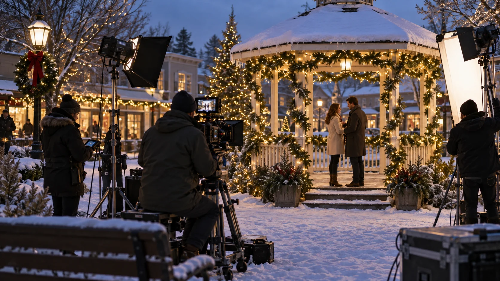 Original holiday romance scene filming at a snowy gazebo