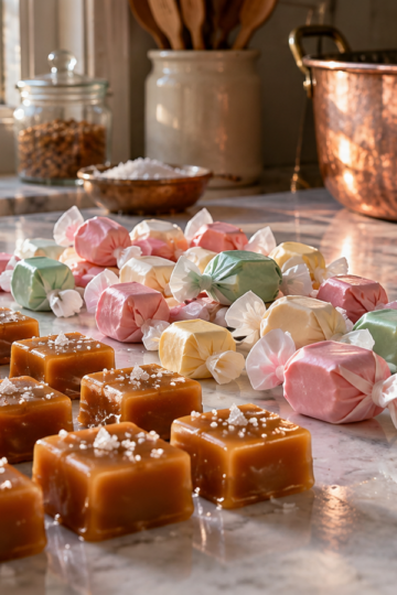 Fresh caramel, taffy and hard candy cool across a marble worktable.