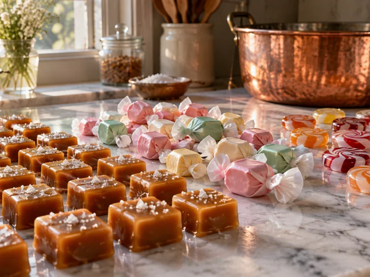 Fresh caramel, taffy and hard candy cool across a marble worktable.