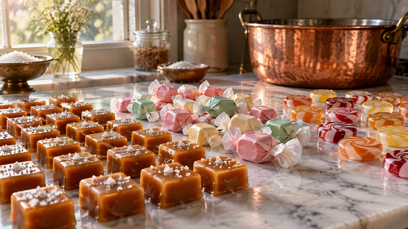 Fresh caramel, taffy and hard candy cool across a marble worktable.
