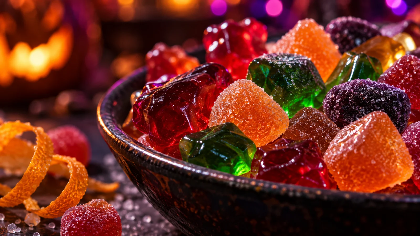Jewel-toned gummies and sugared fruit chews sparkle in a dark dish.