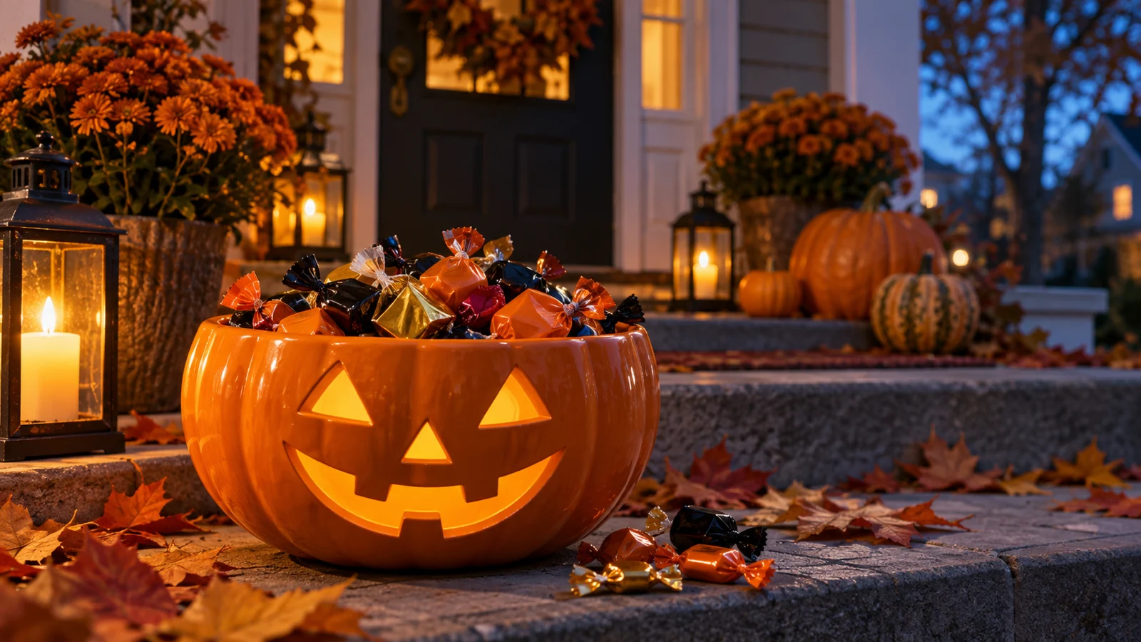 A glowing pumpkin-shaped candy bowl rests on an autumn porch.