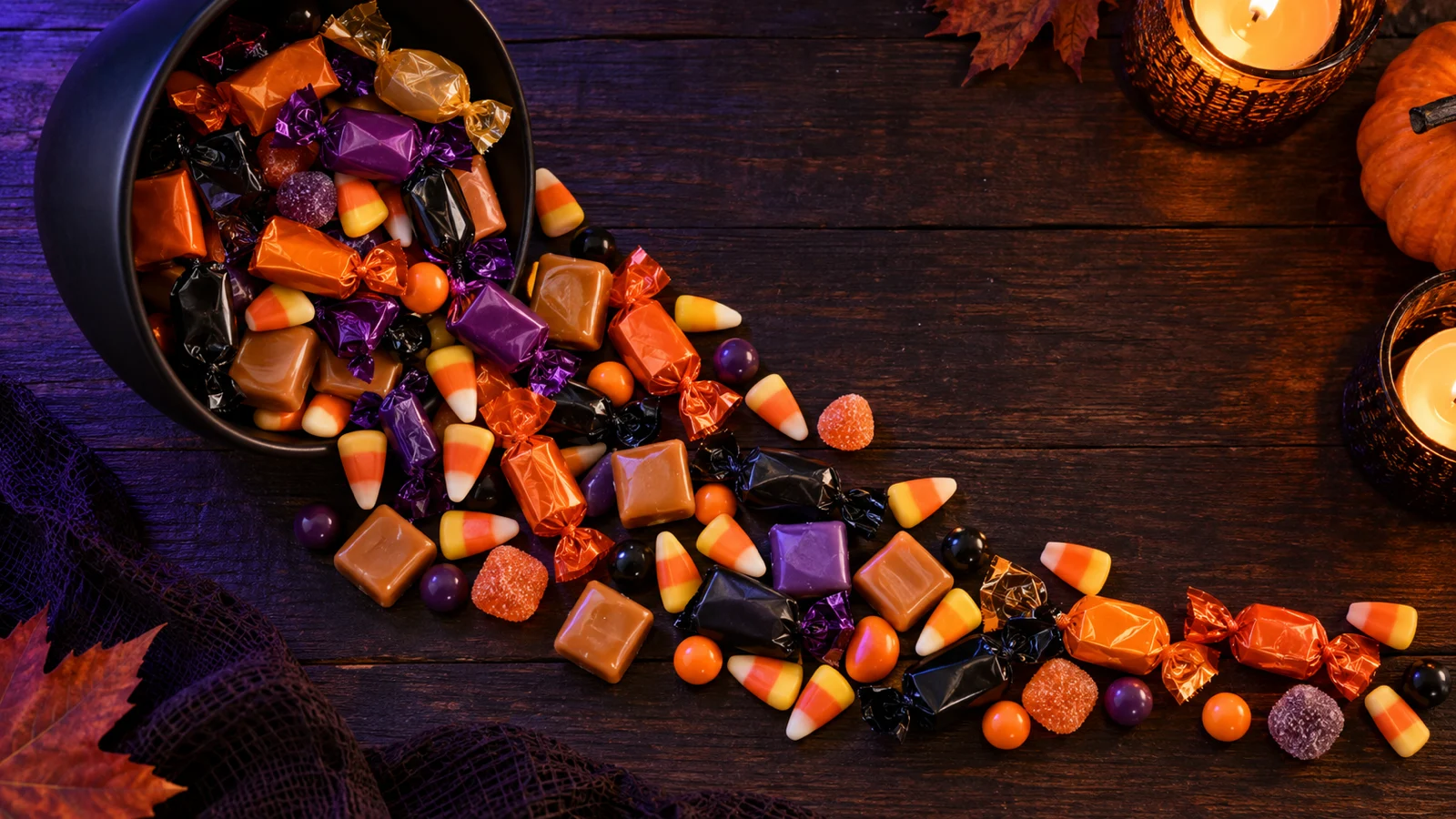 Colorful unbranded Halloween candies spill from a black bowl.