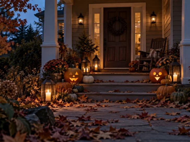 Jack-o'-lanterns and candle lanterns decorate an autumn porch at dusk.