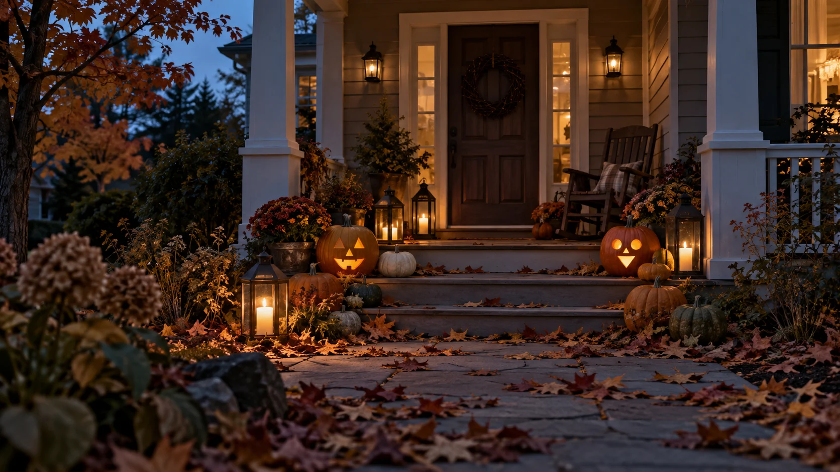 Jack-o'-lanterns and candle lanterns decorate an autumn porch at dusk.