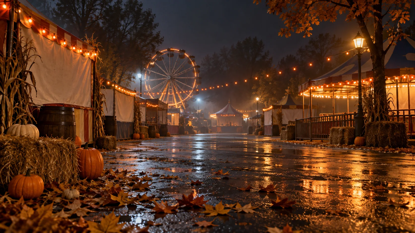 Orange lights reflect across an empty autumn carnival midway after rain.