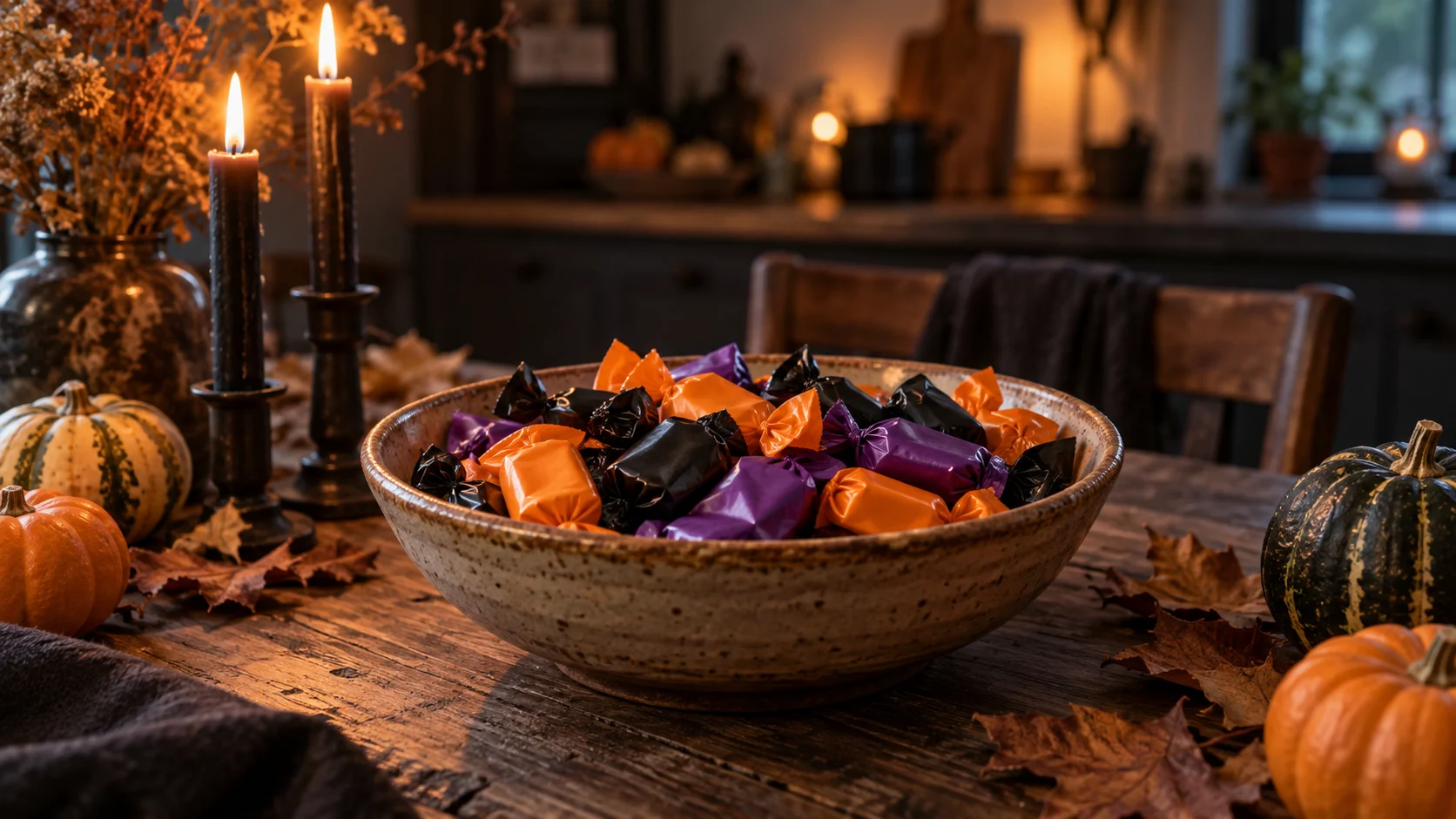 Unbranded Halloween candy fills a ceramic bowl beside black candles and gourds.