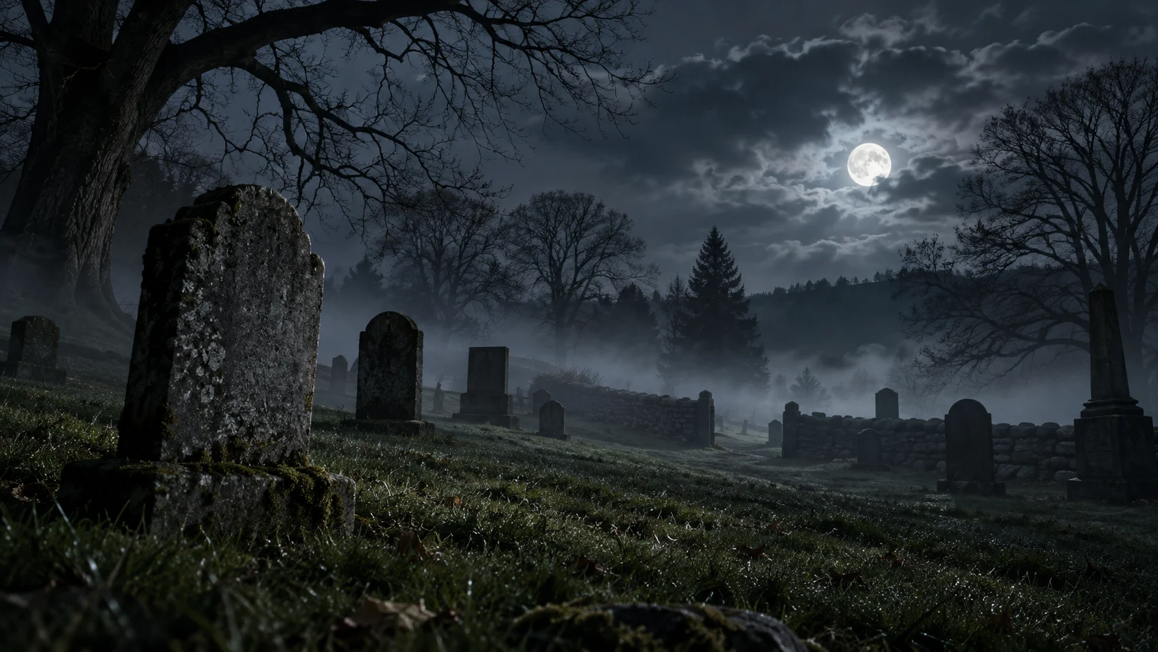 Moonlight and low fog surround blank stone markers in a rural cemetery.