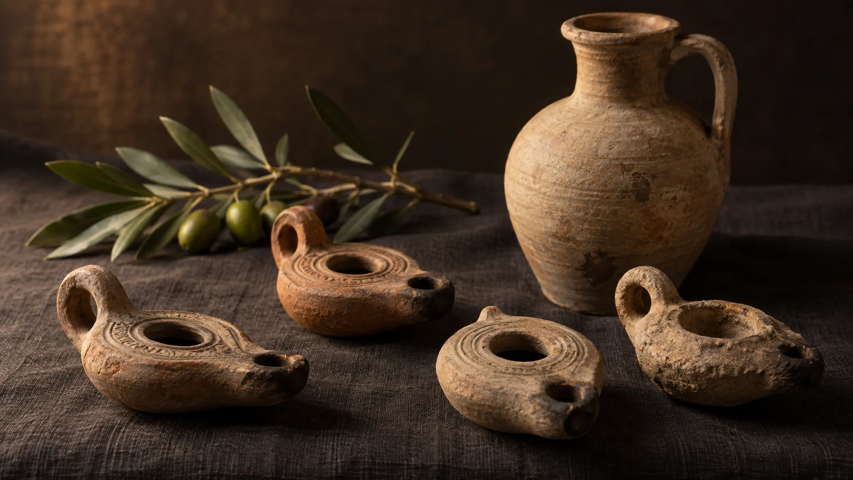 Ancient clay oil lamps sit beside an olive-oil jug.