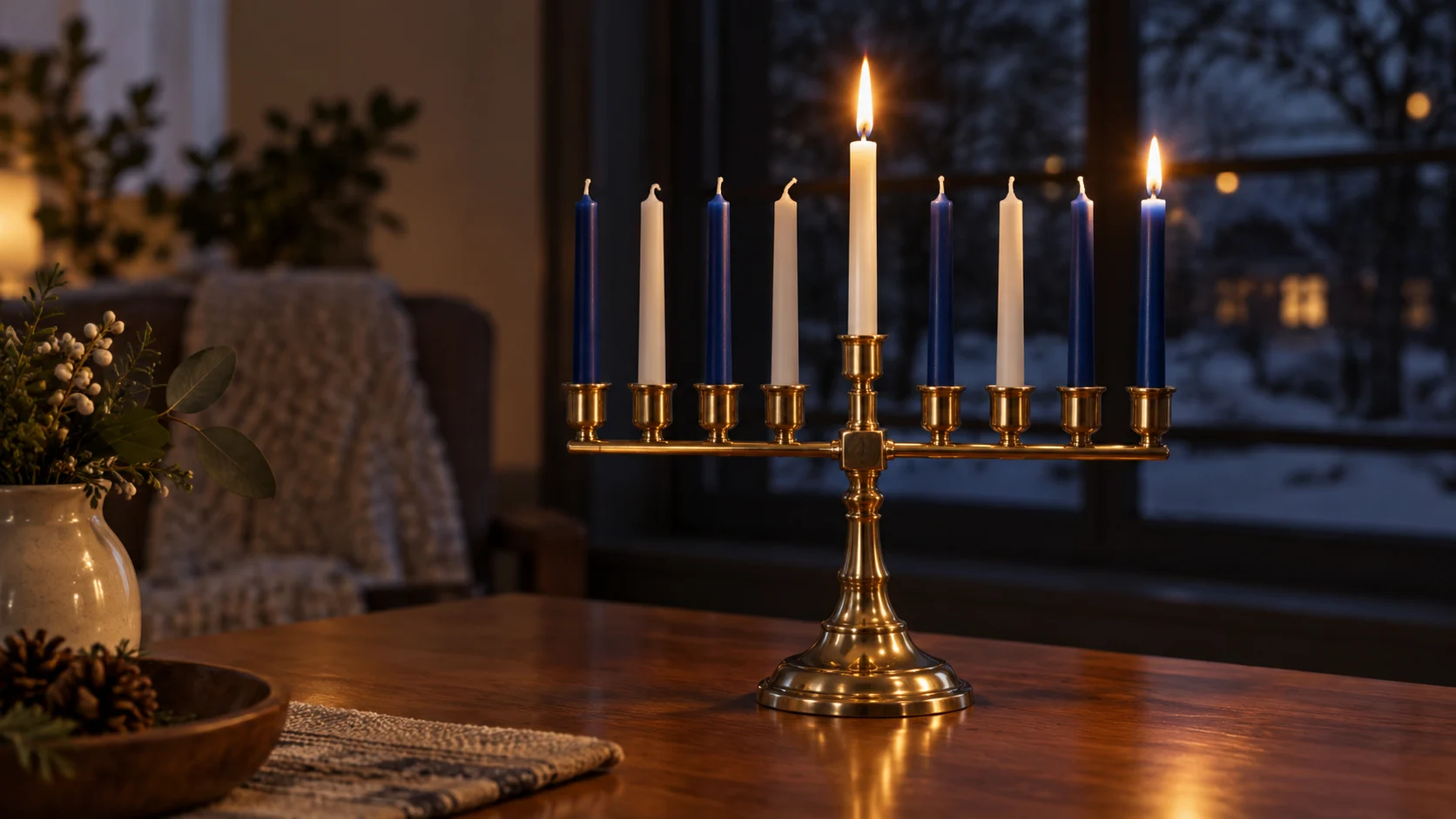 A nine-light brass hanukkiah glows beside a winter window.
