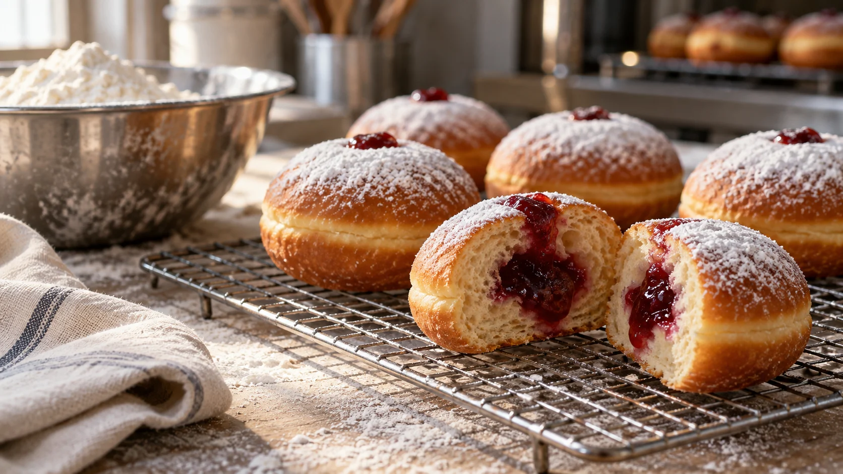 Fresh sufganiyot cool on a rack with red jam filling.