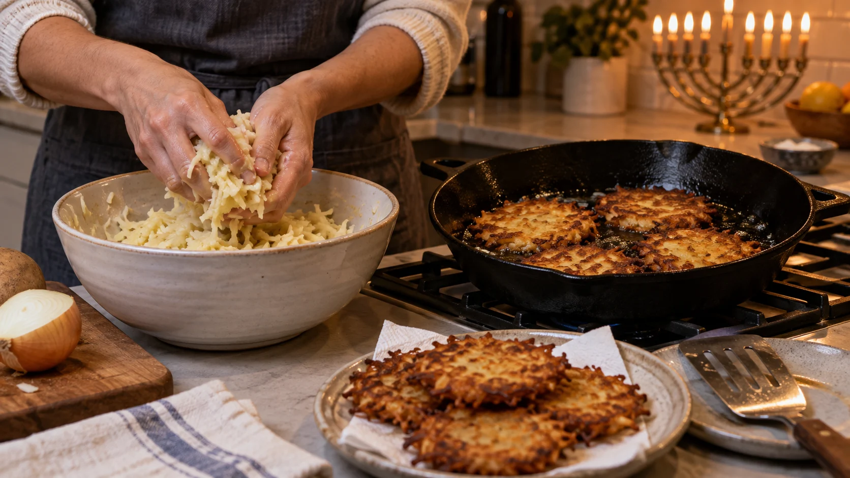 Hands prepare potato latkes beside a cast-iron skillet.
