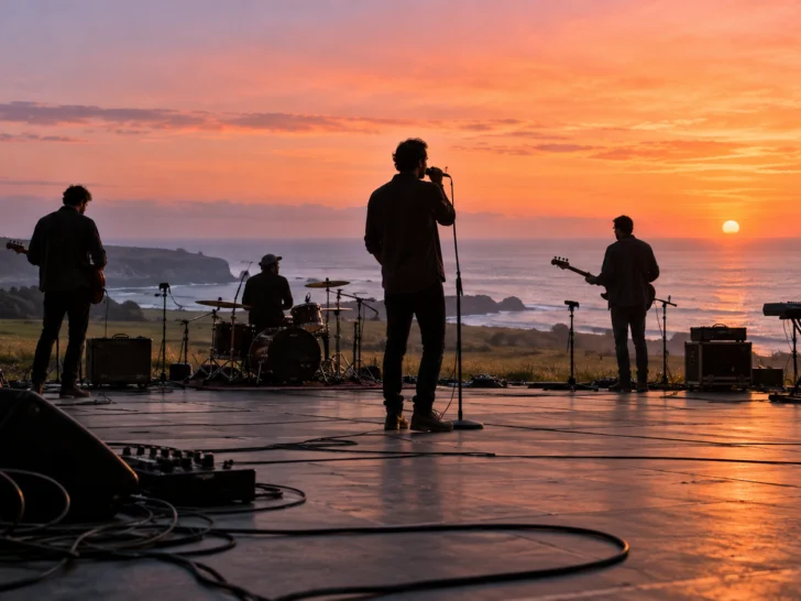 Anonymous band soundchecking on a coastal stage at sunset