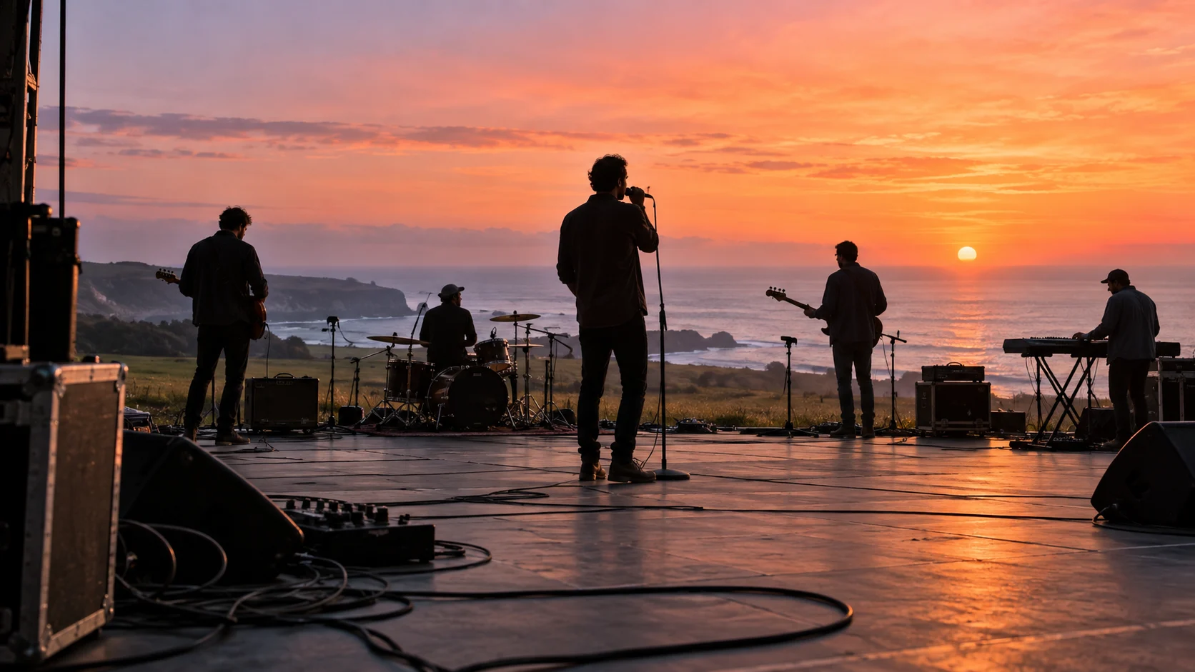 Anonymous band soundchecking on a coastal stage at sunset