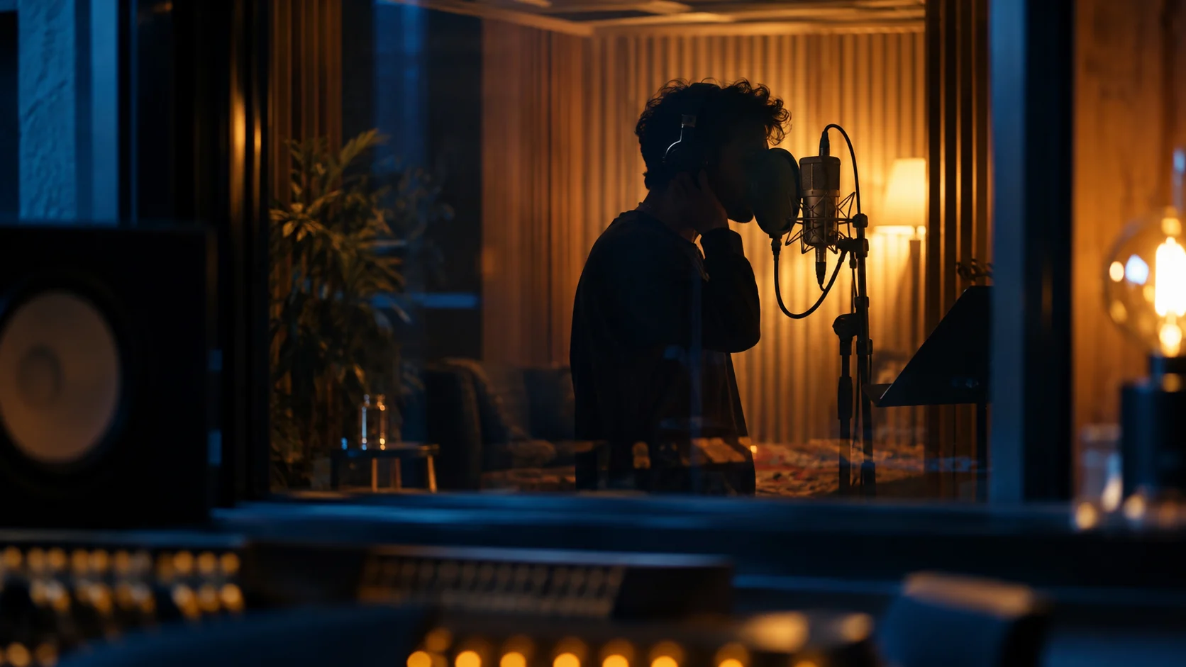 Anonymous vocalist recording in a late-night studio booth