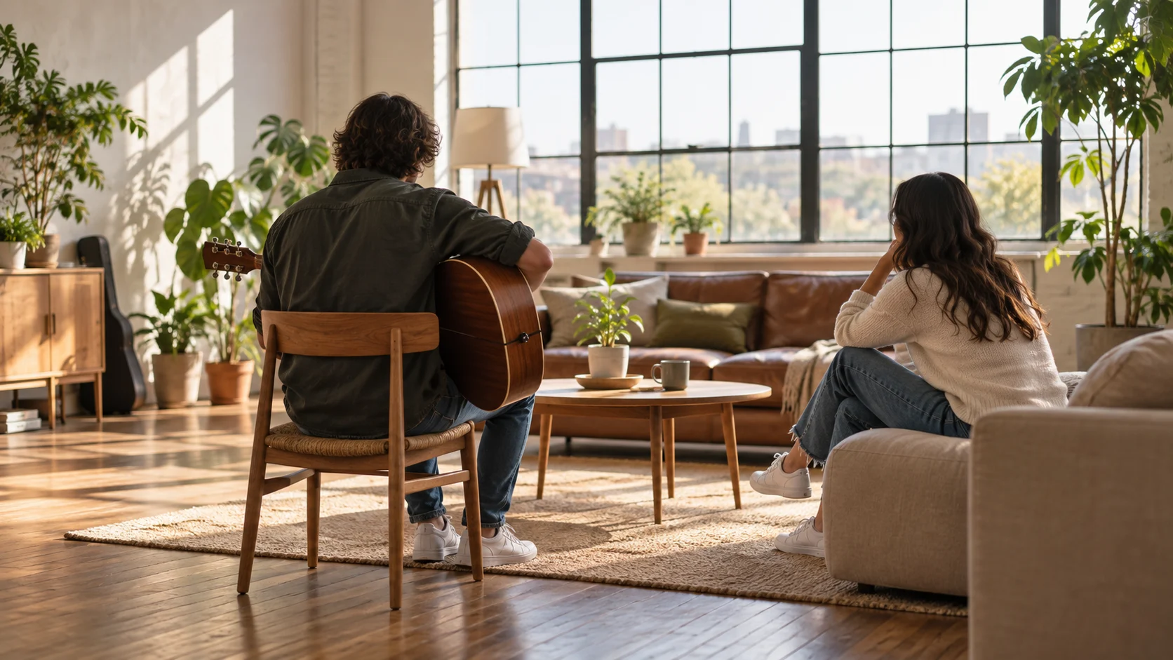 Anonymous songwriter playing guitar in a sunlit loft
