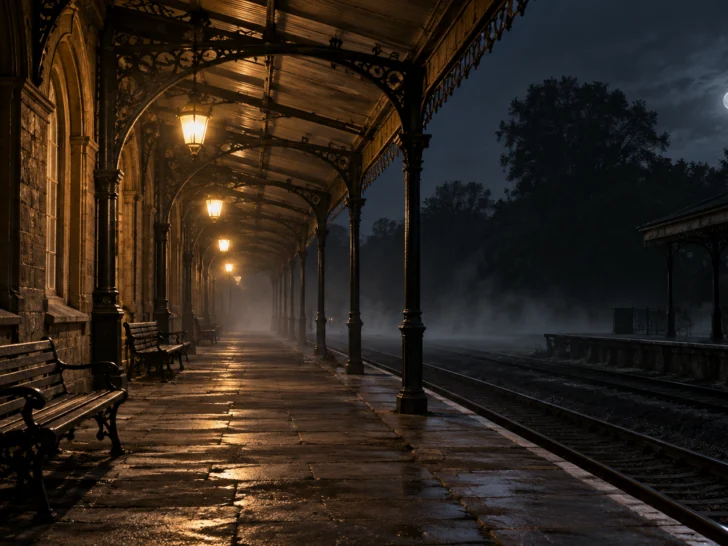 Empty nineteenth-century railway platform beneath amber lamps at night
