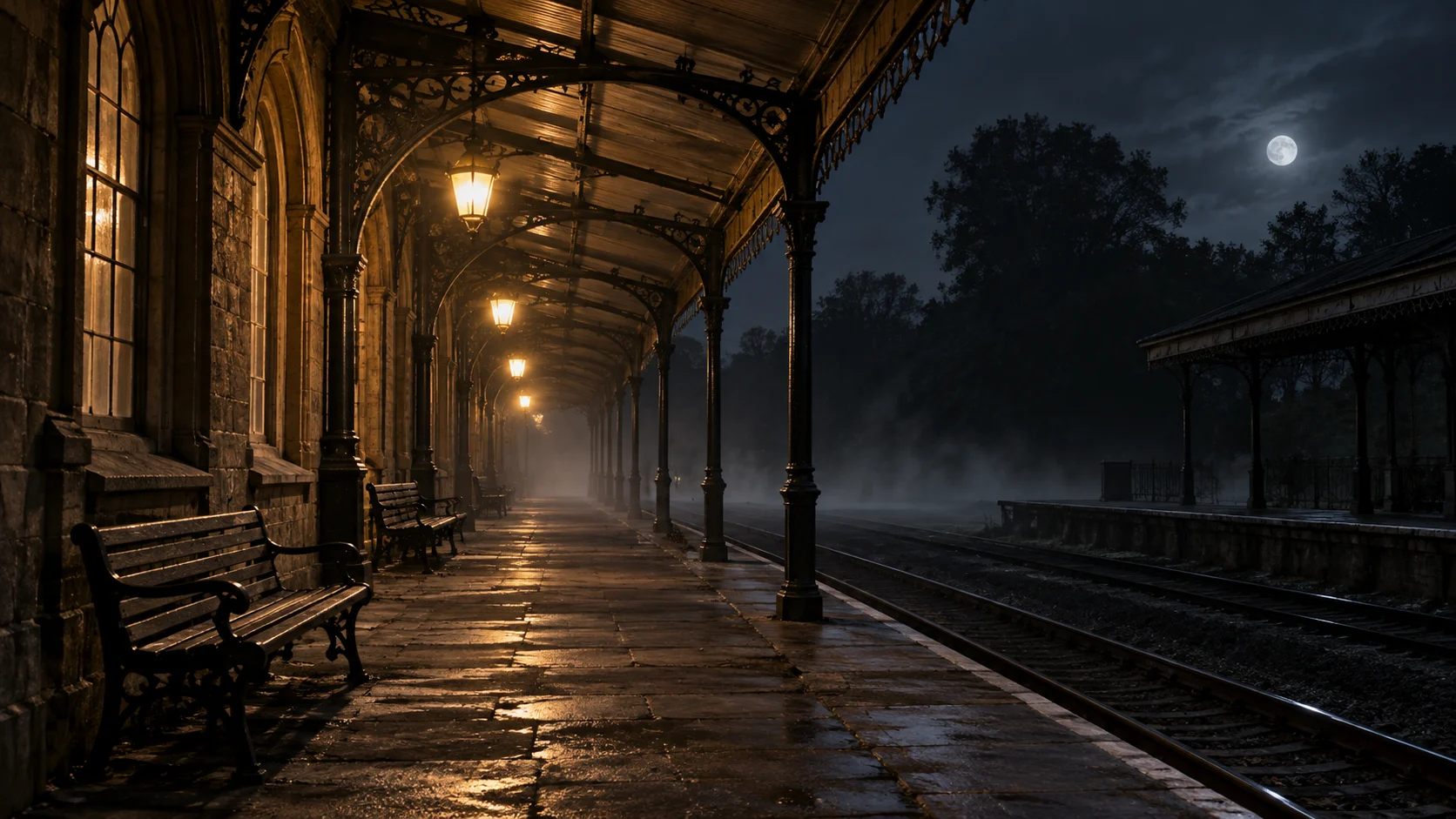Empty nineteenth-century railway platform beneath amber lamps at night