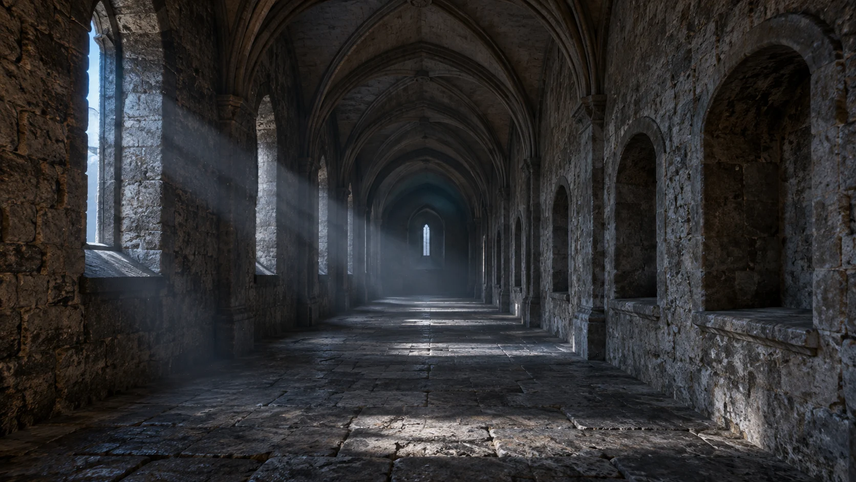 Deserted stone castle corridor with arched ceiling and cold moonlight