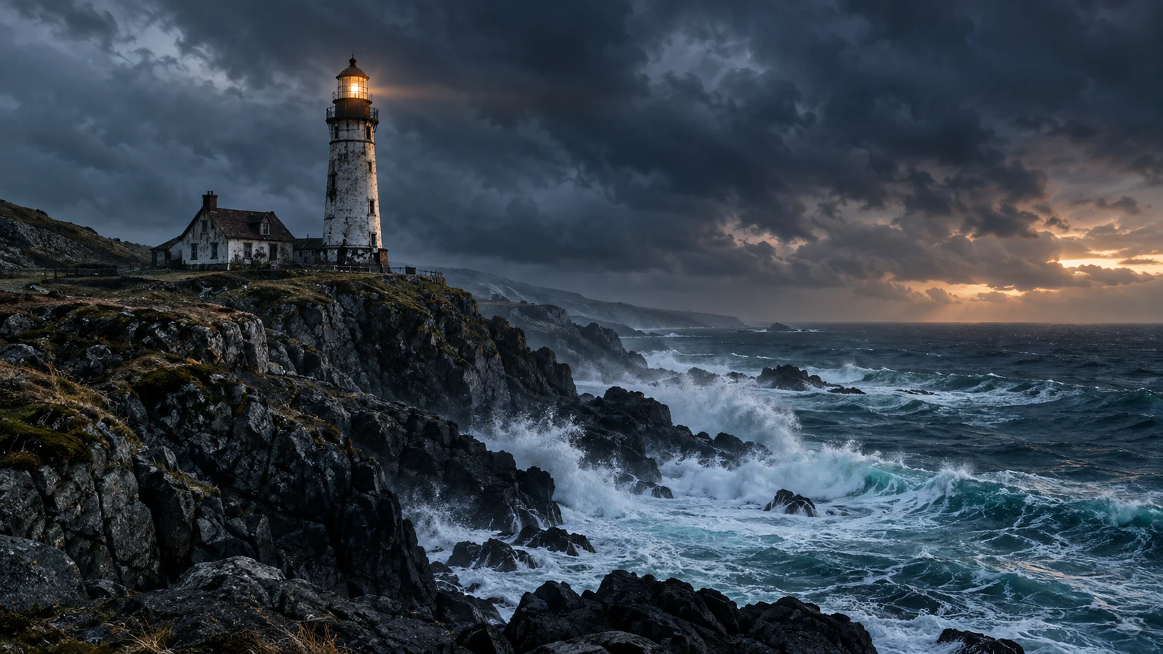 Old lighthouse above a rocky coast under an approaching storm