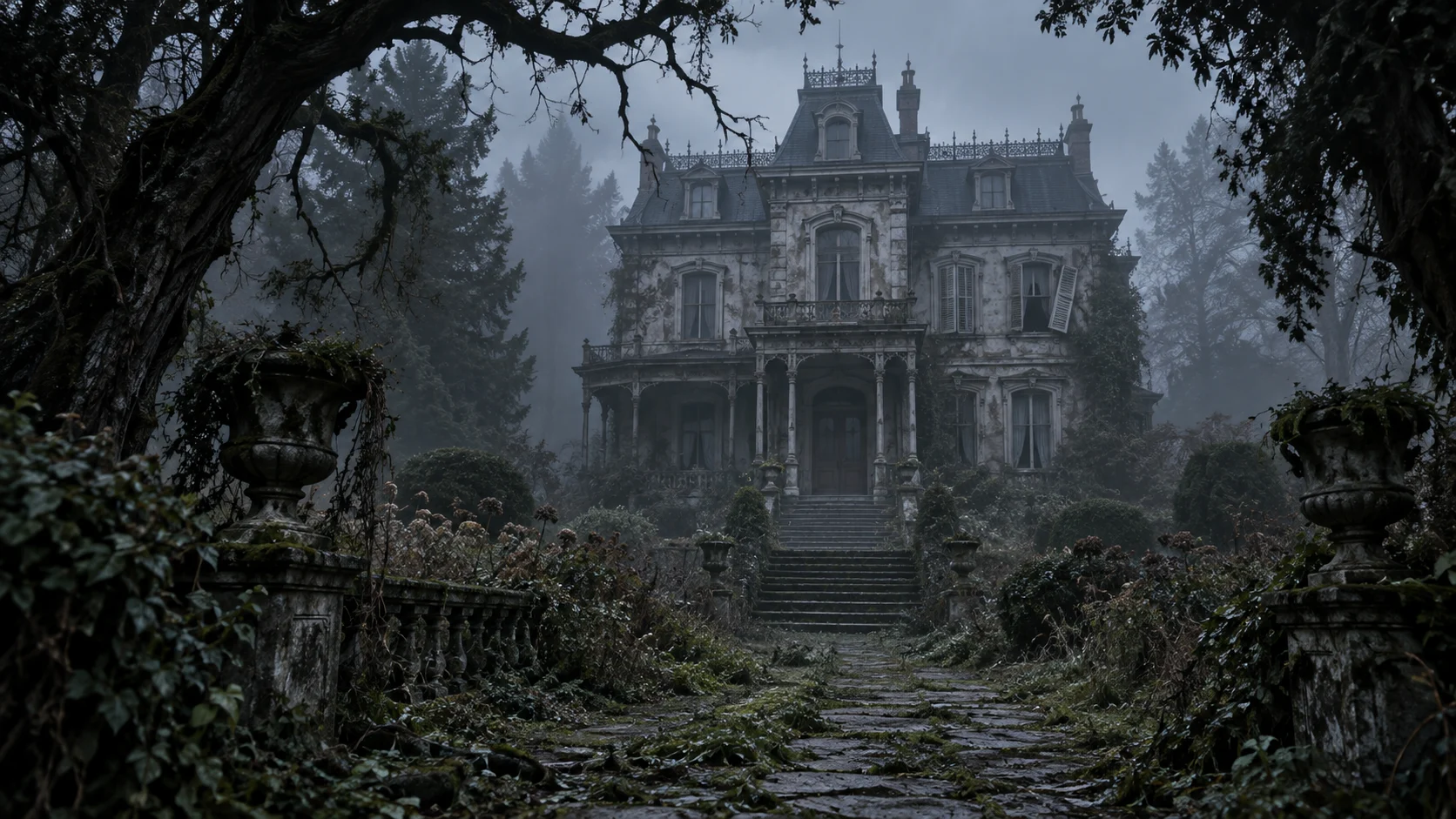 Abandoned Victorian mansion beyond an overgrown garden path in fog
