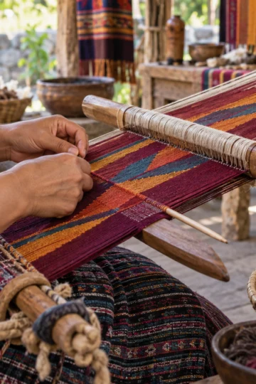 An artisan weaves a colorful textile on a wooden backstrap loom.