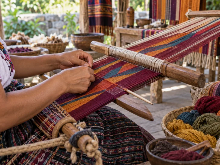 An artisan weaves a colorful textile on a wooden backstrap loom.