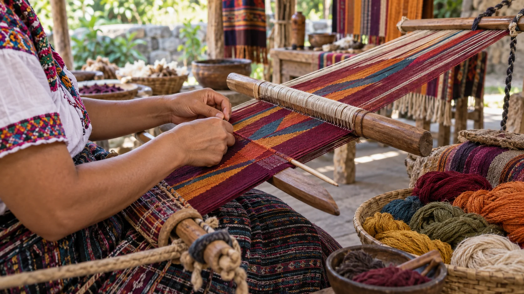 An artisan weaves a colorful textile on a wooden backstrap loom.
