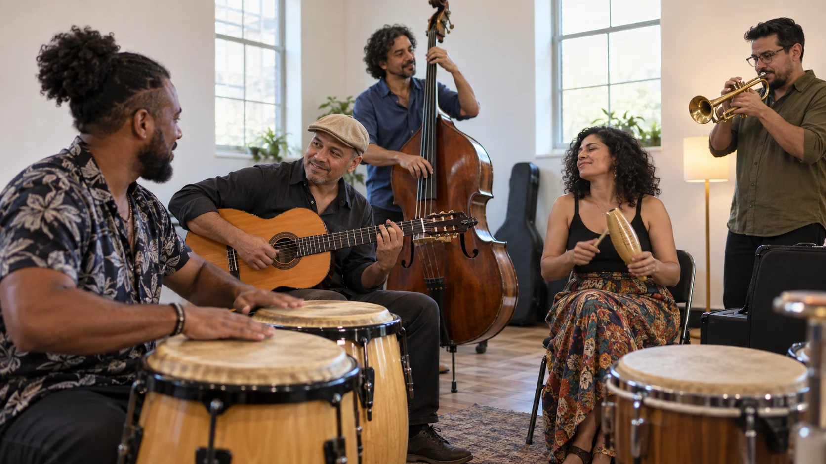 A diverse Latino music ensemble rehearses in a bright community room.