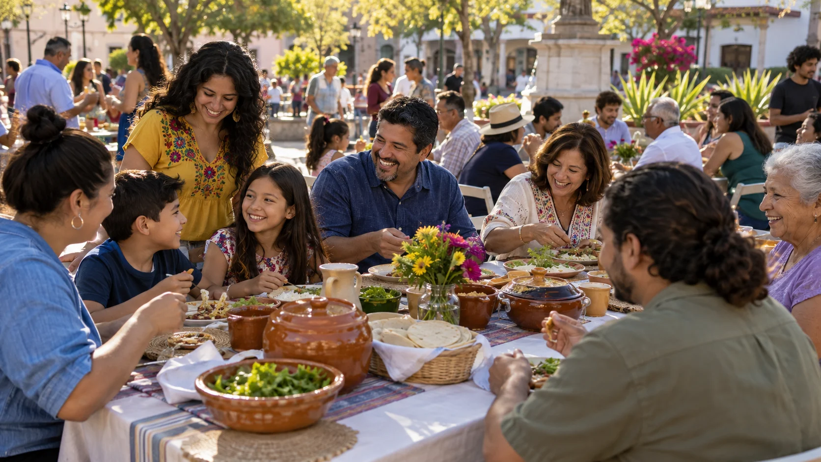A diverse multigenerational Latino community shares a meal in a sunny plaza.