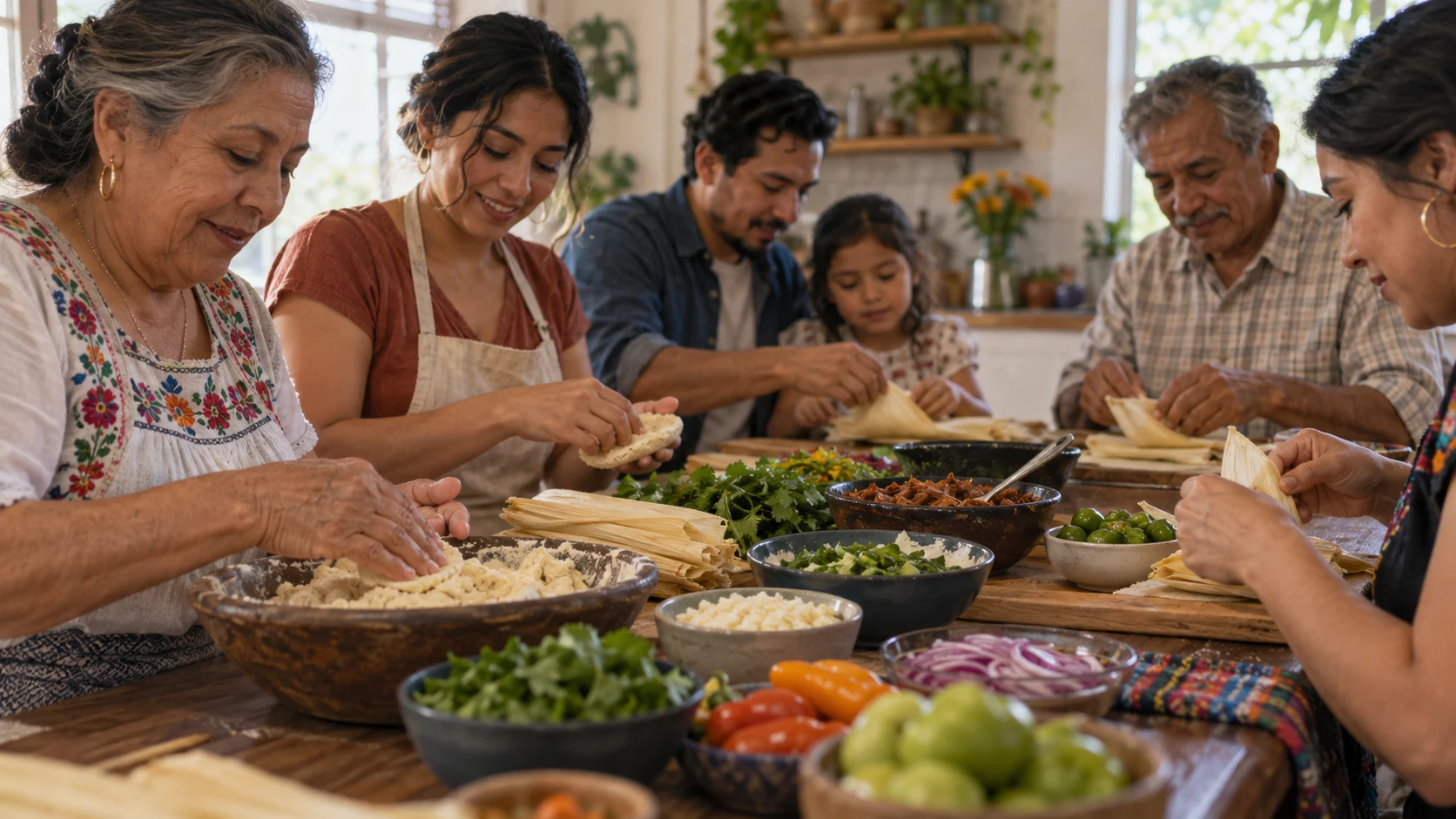 Multiple generations prepare a shared meal around a family kitchen table.