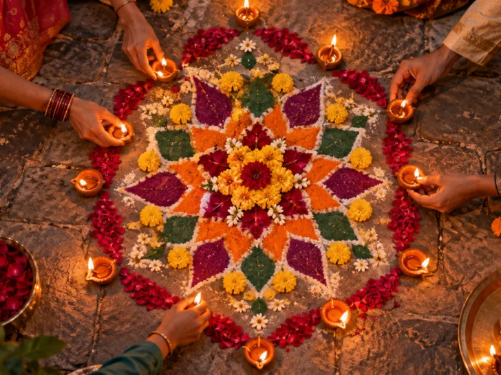 Hands placing glowing clay lamps around a floral Diwali rangoli