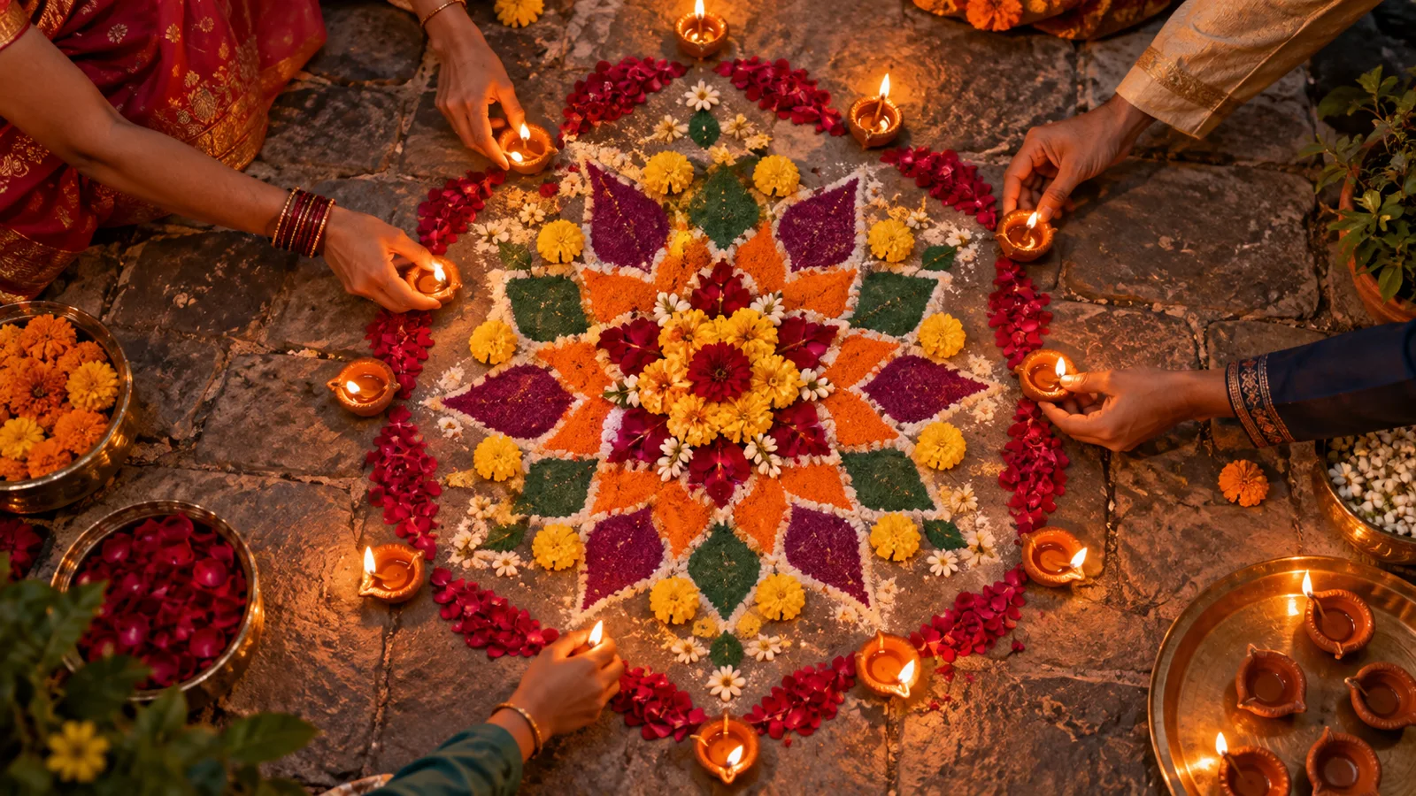 Hands placing glowing clay lamps around a floral Diwali rangoli