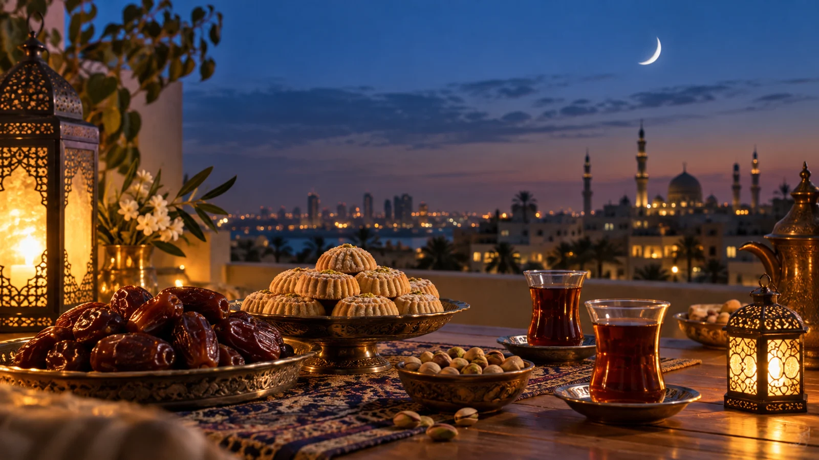 Dates, maamoul, tea, and lanterns on an Eid rooftop beneath a crescent moon