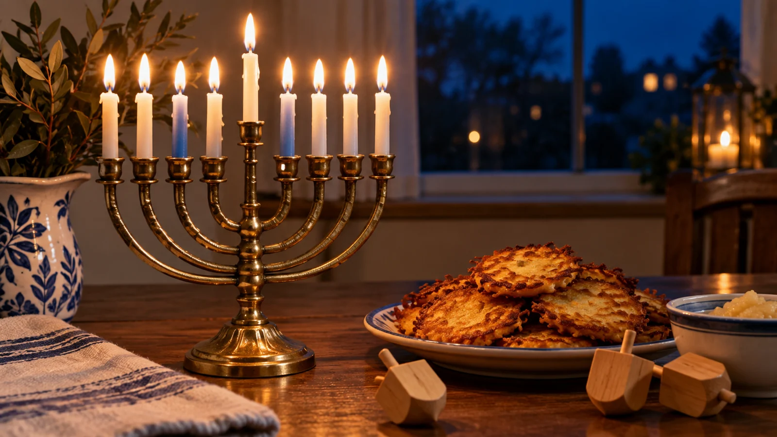 Nine-branched Hanukkah menorah glowing beside latkes and plain wooden dreidels