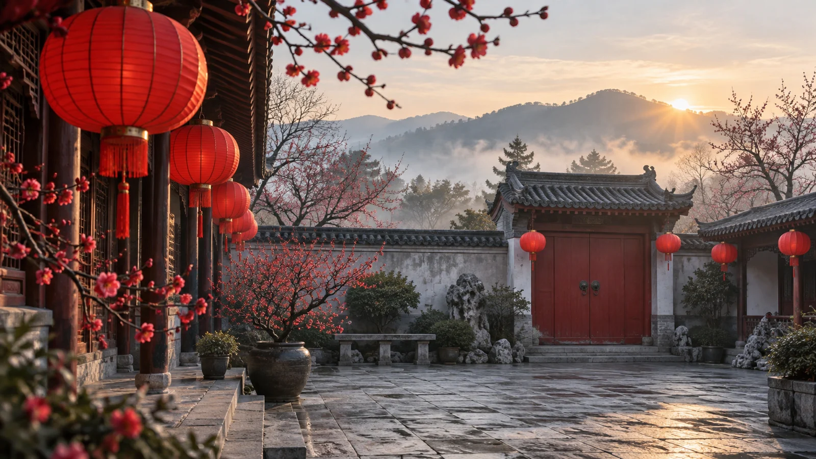 Plain red lanterns and blooming plum branches in a quiet courtyard at dawn