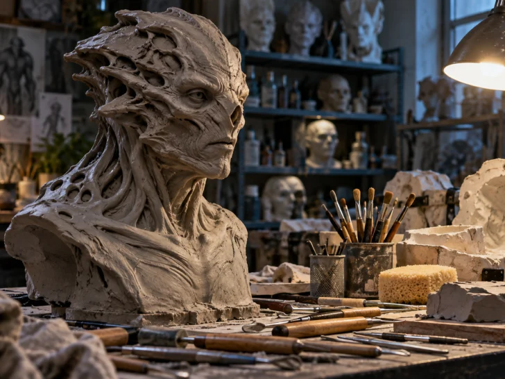 An original clay creature sculpture sits among tools in an effects workshop.