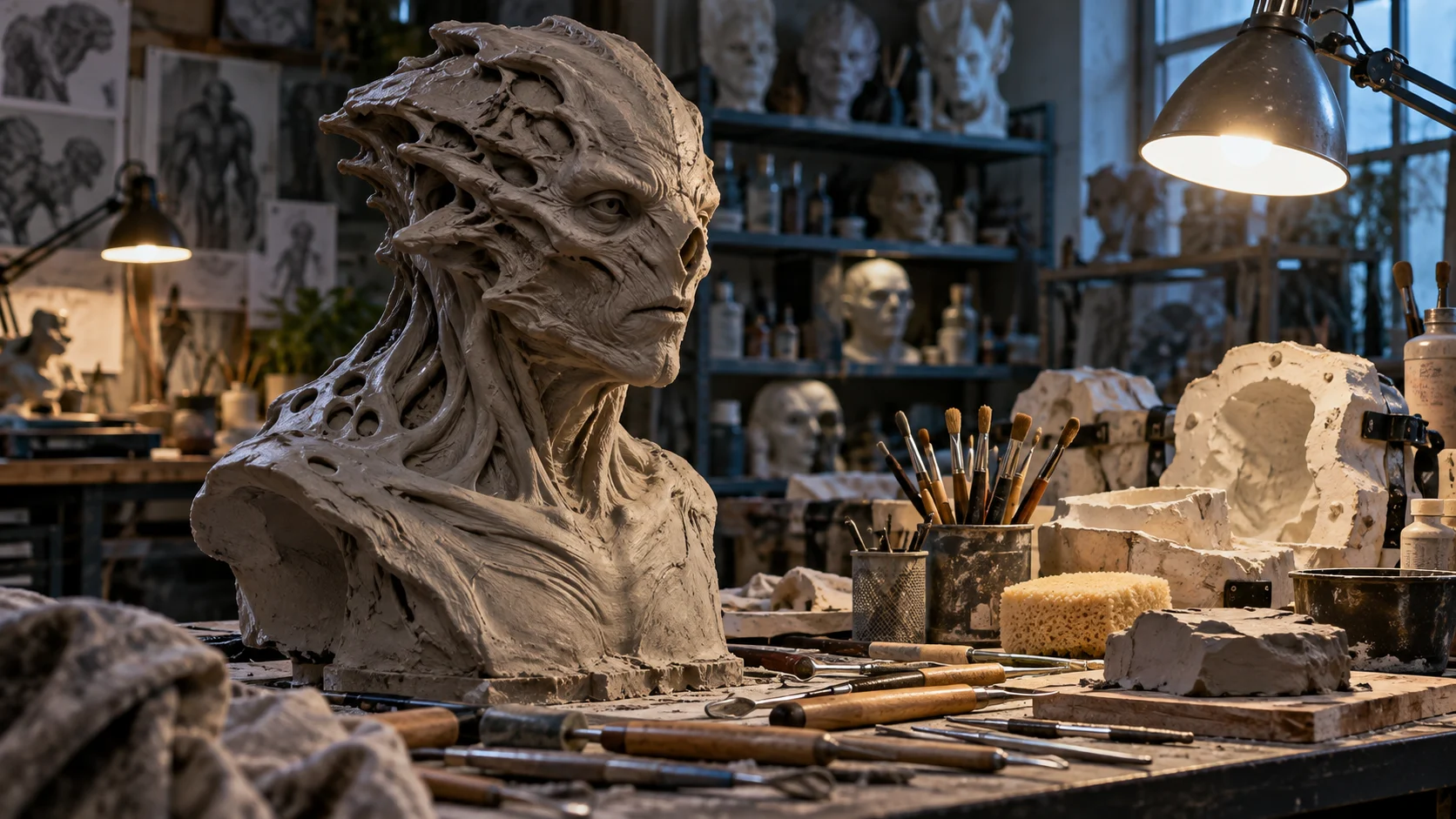 An original clay creature sculpture sits among tools in an effects workshop.