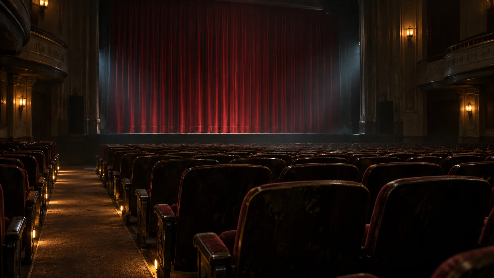 A closed red curtain faces the empty seats of an old cinema.