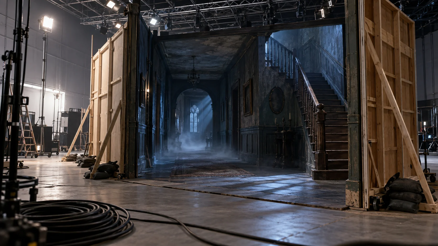 An atmospheric haunted corridor set stands inside an empty film soundstage.